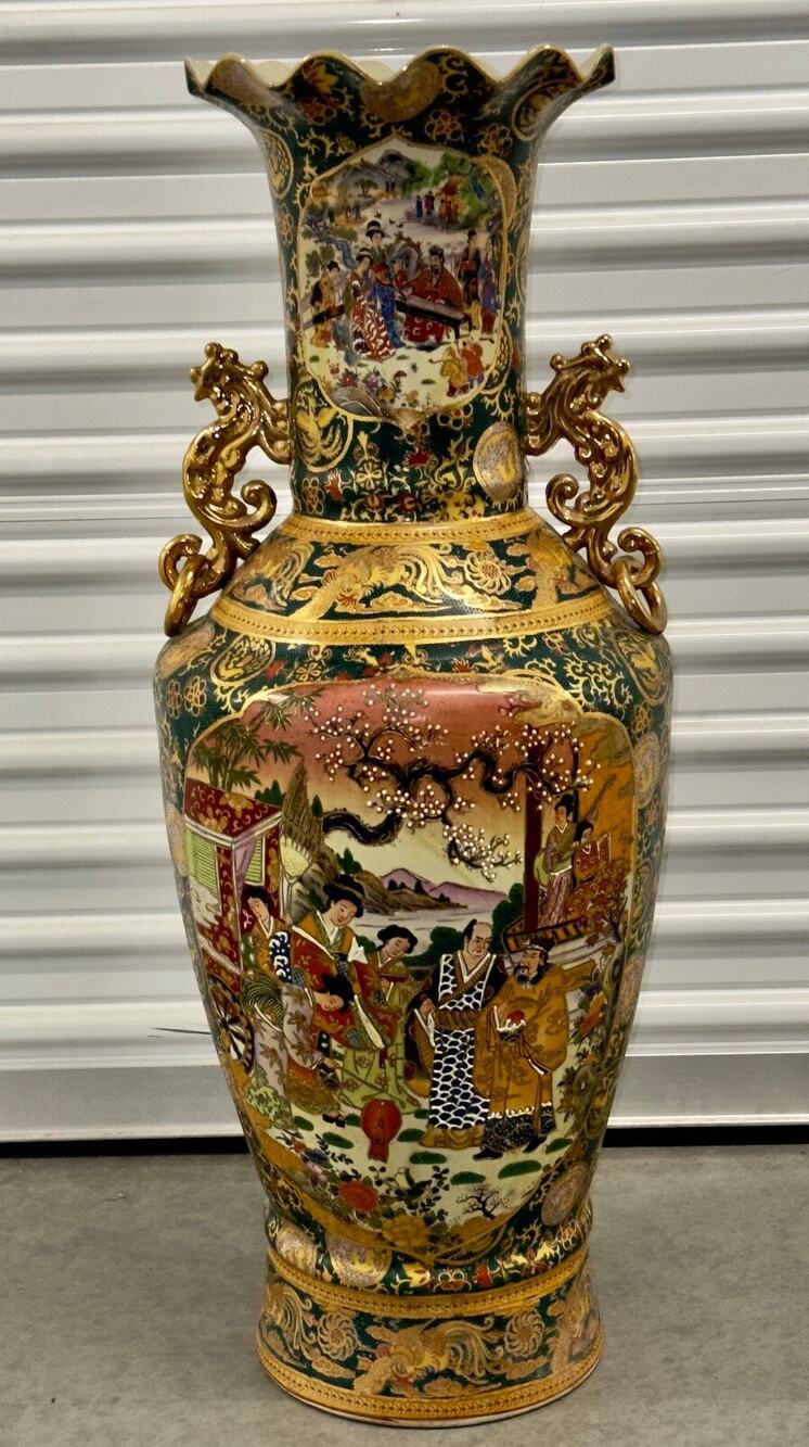 Large Japanese Royal Satsuma Hand Painted Tall Palace Floor Vase 36"